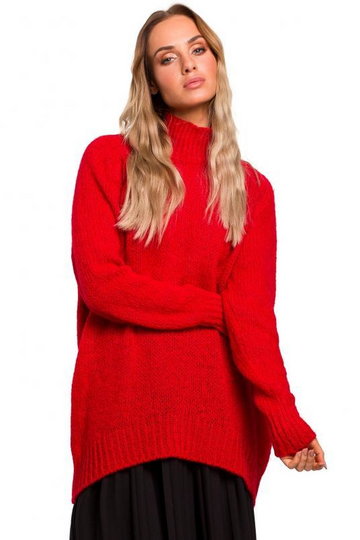 Sweter damski oversize asymetryczny sweter z wełną czerwony