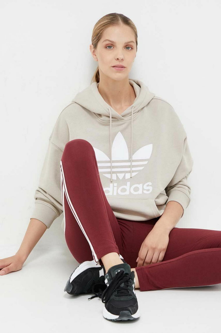 adidas Originals bluza bawełniana damska kolor beżowy z kapturem z nadrukiem