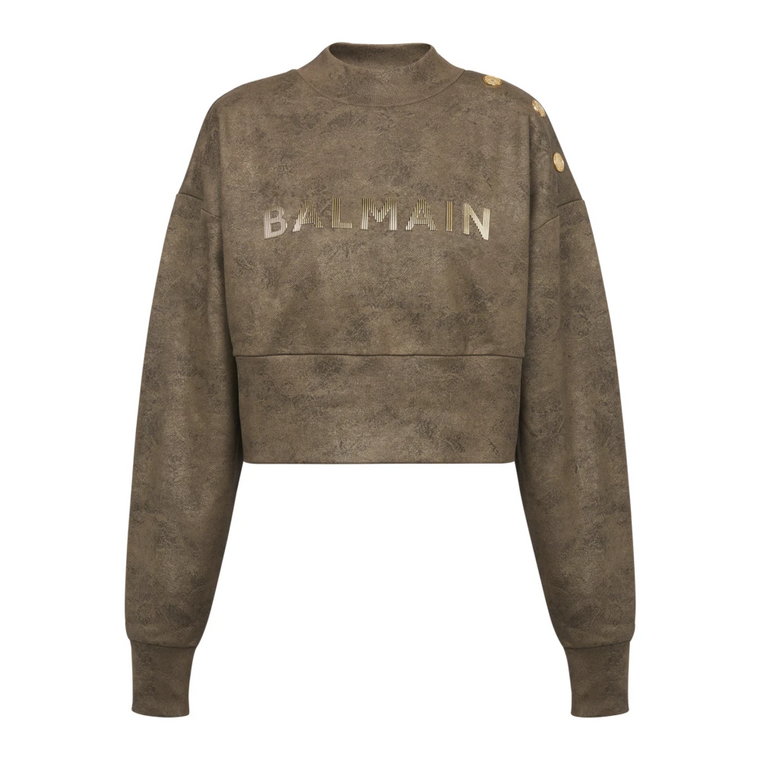 Ekologiczny crop sweatshirt z bawełny z metalicznym logo Balmain