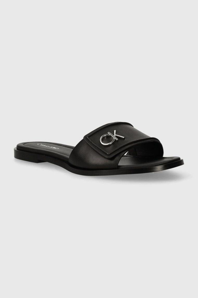 Calvin Klein klapki skórzane FLAT SLIDE RELOCK LTH damskie kolor czarny HW0HW01939