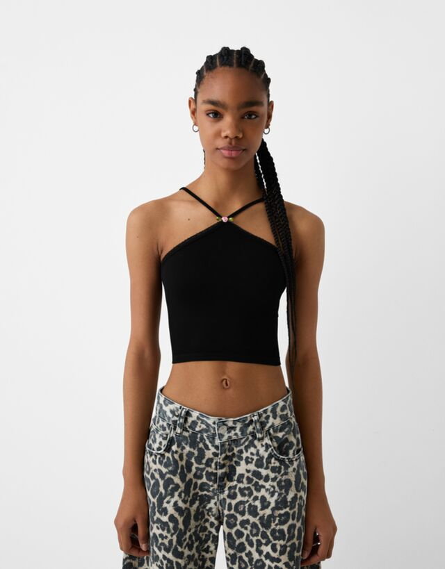 Bershka Bezszwowy Top Z Dekoltem Typu Halter Kobieta 11 Czarny