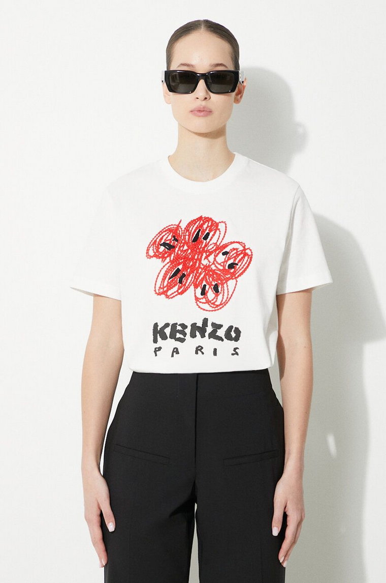 Kenzo t-shirt bawełniany Drawn Varsity Loose Tee damski kolor biały FE52TS1024SG.02
