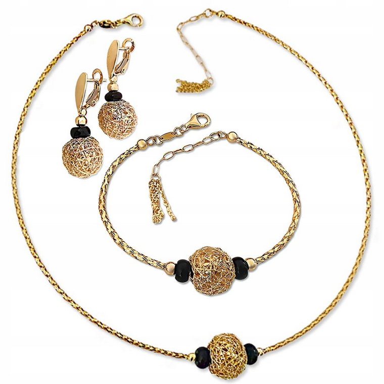 Złoty Komplet Biżuterii 585 Elegancka Ażurowa Kula Z Kamieniami