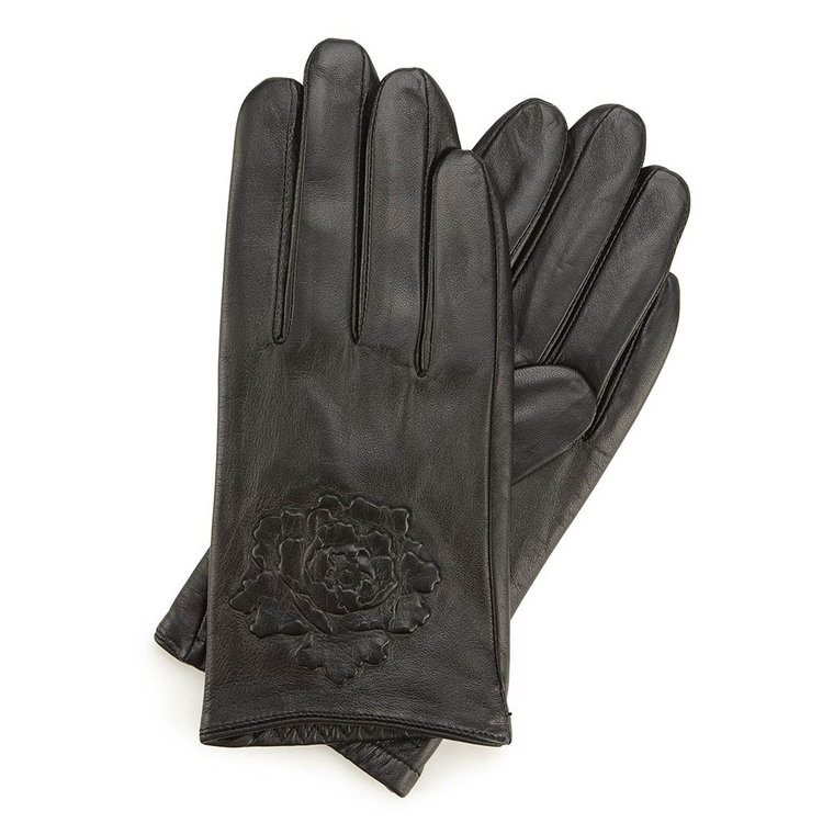 Damskie rękawiczki skórzane z wytłoczoną różą czarne