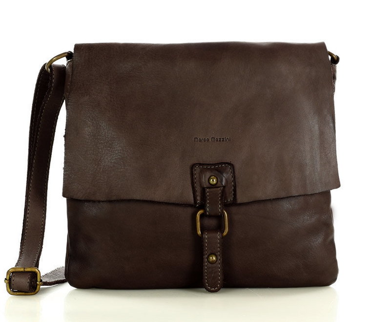 Torebka skórzana listonoszka stylowy minimalizm ala messenger leather bag - MARCO MAZZINI brąz caffe