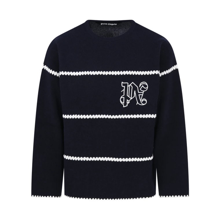 Granatowy Sweter w Pasy z Monogramem Palm Angels