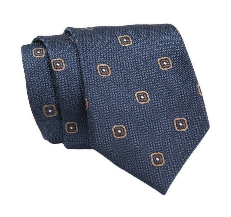 Klasyczny Krawat, Granatowy w Brązowy Wzór, Męski, 7cm -Angelo di Monti