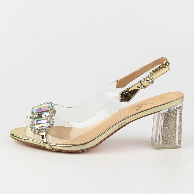 Złote silikonowe sandały damskie na słupku z kryształami, transparentn