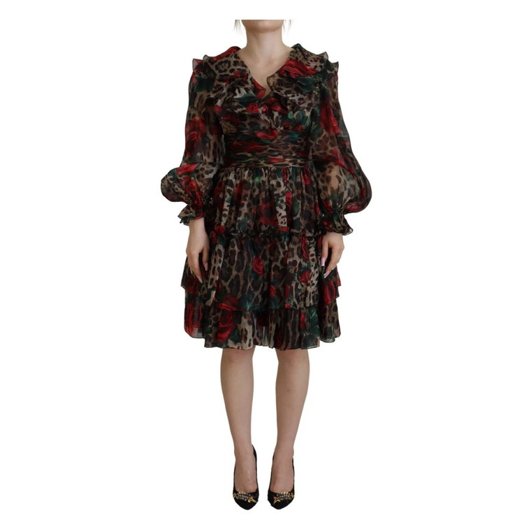 Luksusowa Jedwabna Sukienka w Panterkę z Różami Dolce & Gabbana