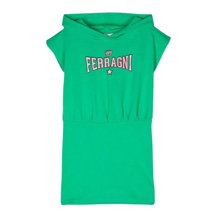 Zielona Sukienka z kapturem i haftowanym logo Chiara Ferragni Collection
