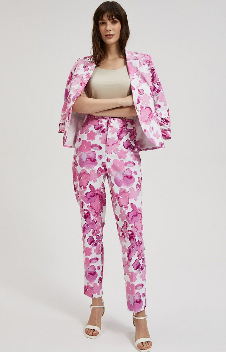 Eleganckie spodnie damskie w kwiaty różowe 4312, Kolor różowo-biały, Rozmiar XS, Moodo