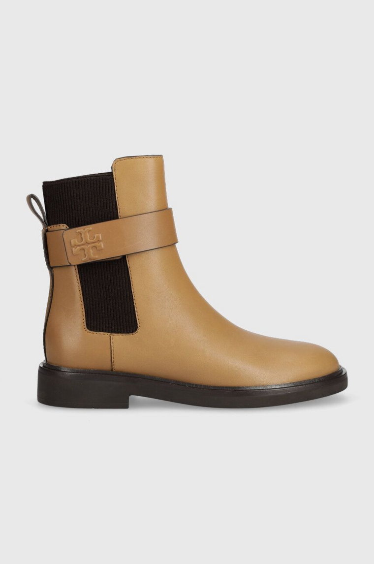 Tory Burch sztyblety skórzane DOUBLE T CHELSEA BOOT damskie kolor brązowy na płaskim obcasie 152831-200