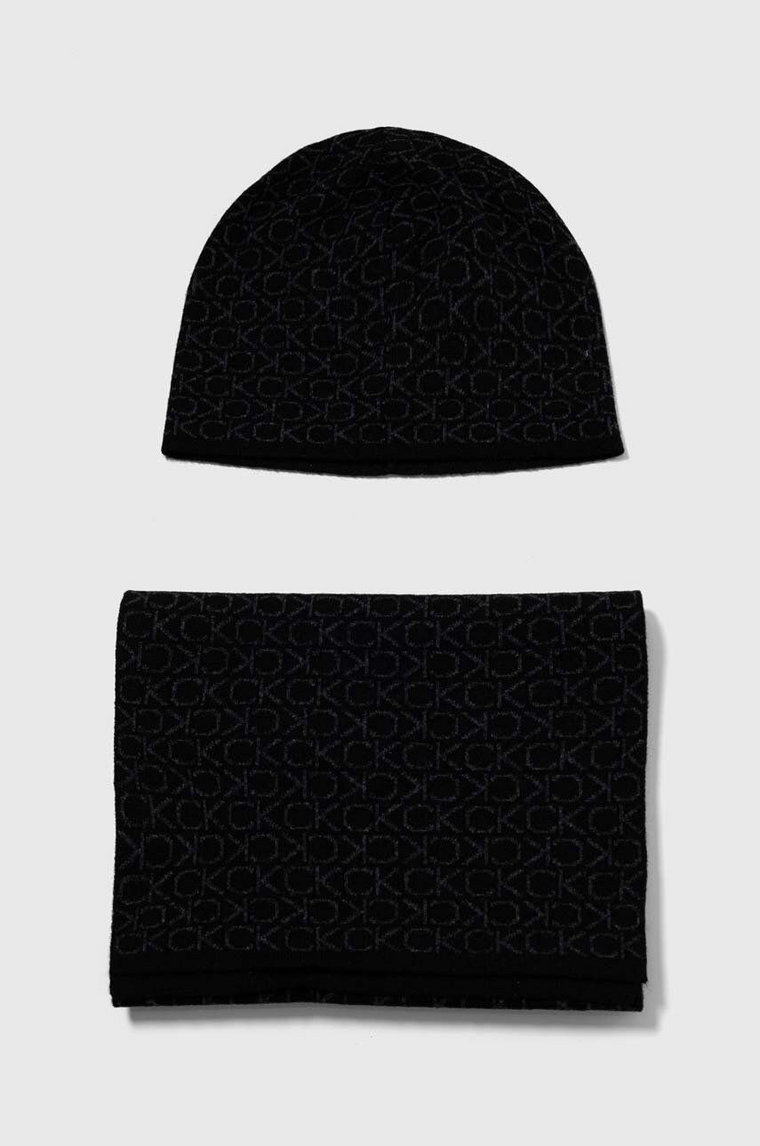 Calvin Klein czapka i szalik z domieszką wełny kolor czarny