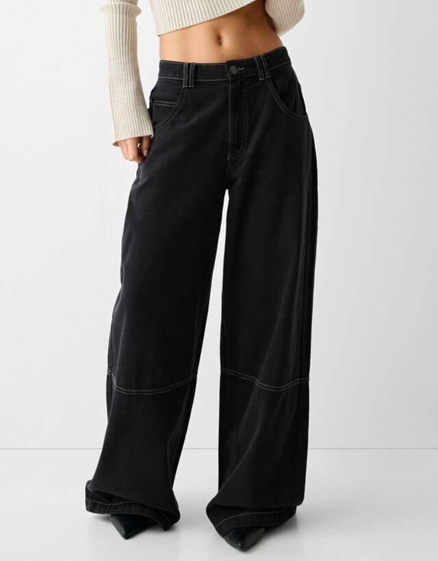 Bershka Spodnie Skater Wide Leg Z Diagonalu Kobieta 44 Szary