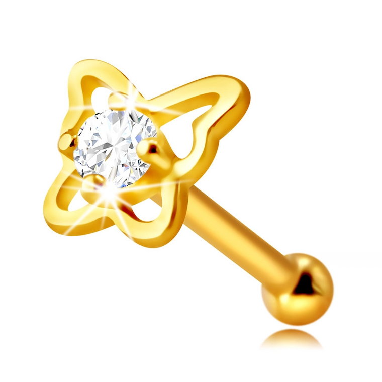 Diamentowy piercing do nosa z żółtego 14K złota - kontur motyla z brylantem, 1,5 mm