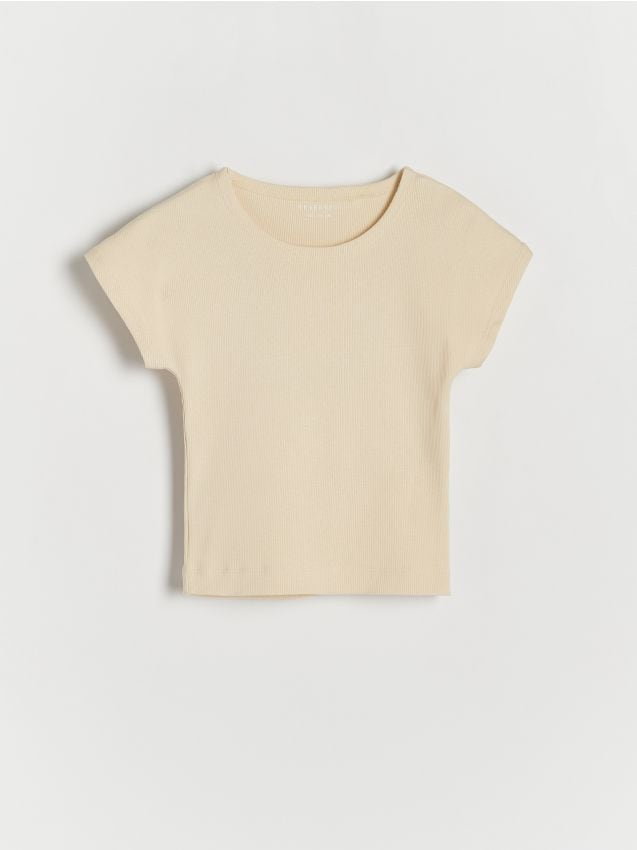 Reserved - Prążkowany t-shirt - kremowy