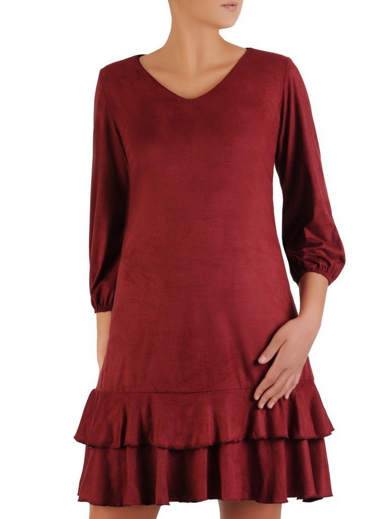 Trapezowa sukienka z zamszowej tkaniny, bordowa kreacja z falbanami 23166