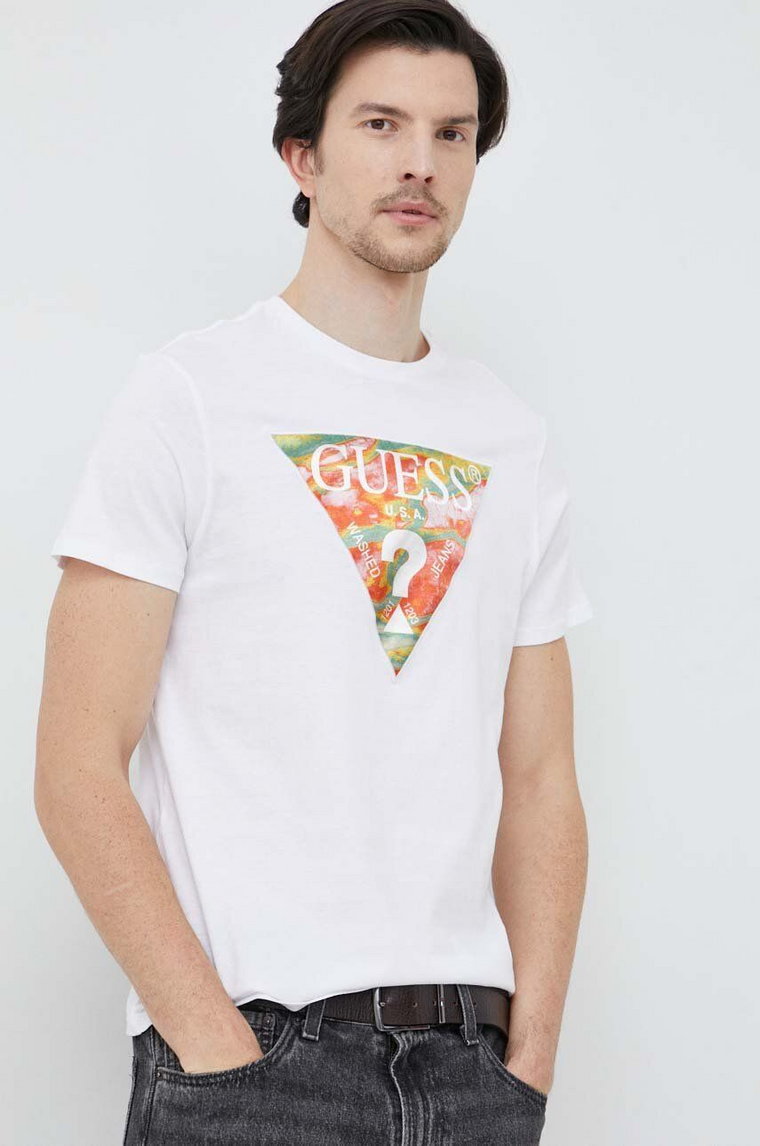 Guess t-shirt bawełniany kolor biały z aplikacją