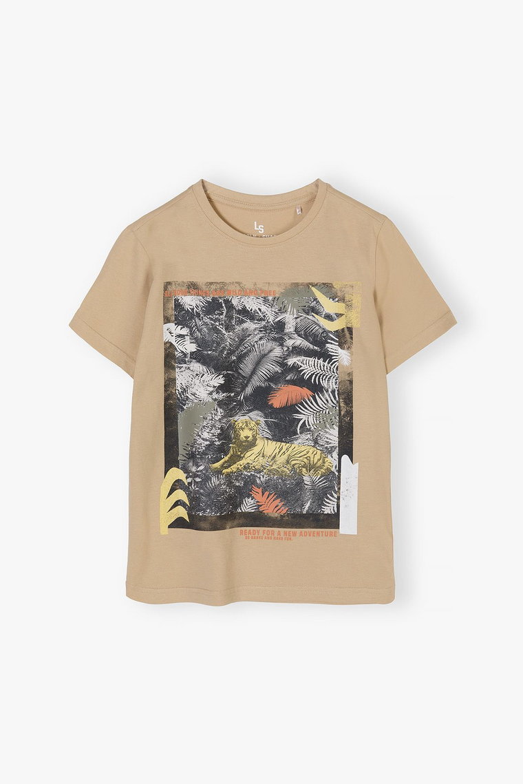 Brązowy t-shirt dla chłopca bawełniany z nadrukiem tygrysa