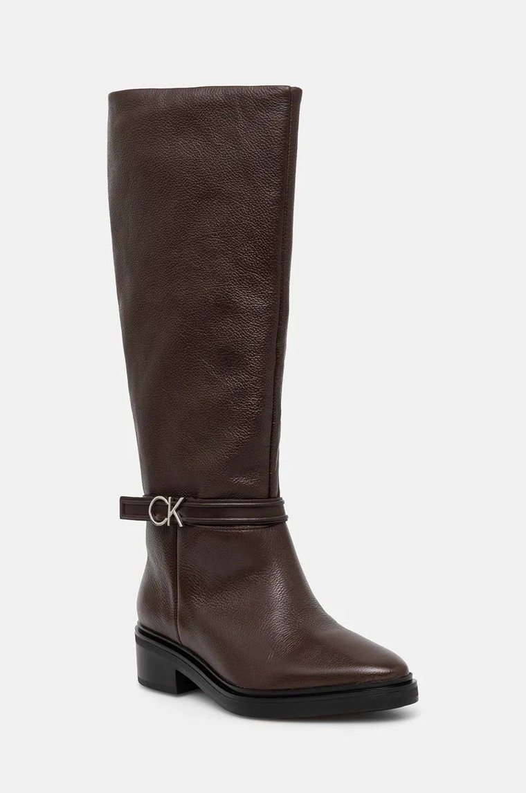 Calvin Klein kozaki skórzane HEEL KNEE BOOT 30 W/HW LTH damskie kolor brązowy na platformie HW0HW02184