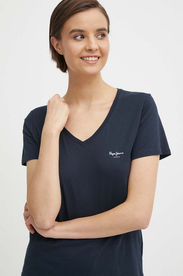 Pepe Jeans t-shirt bawełniany LORETTE V NECK damski kolor granatowy PL505826