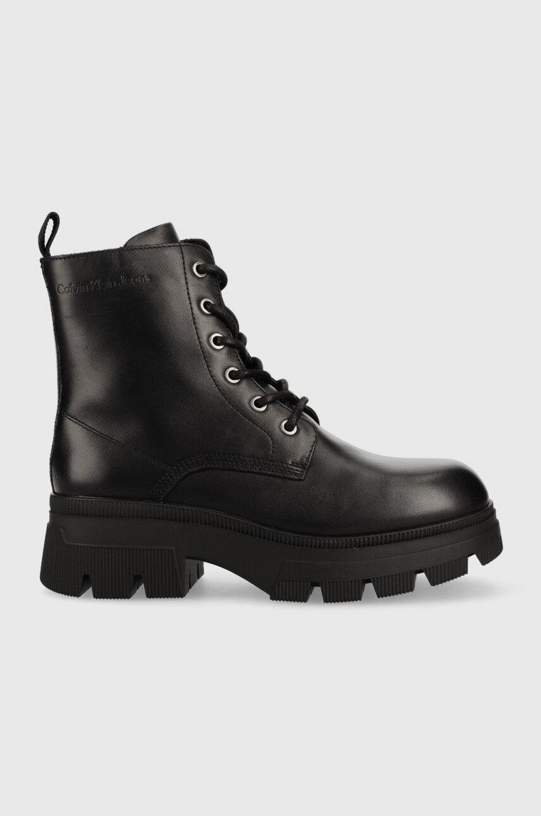 Calvin Klein Jeans workery skórzane Chunky Combat Laceup Boot damskie kolor czarny na płaskim obcasie