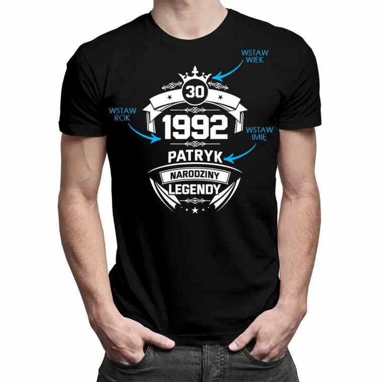 Narodziny Legendy: wiek + imię + rok urodzenia - męska koszulka na prezent - produkt personalizowany