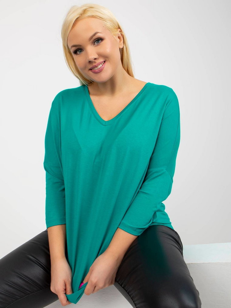 Bluzka plus size turkusowy casual codzienna dekolt w kształcie V rękaw 3/4