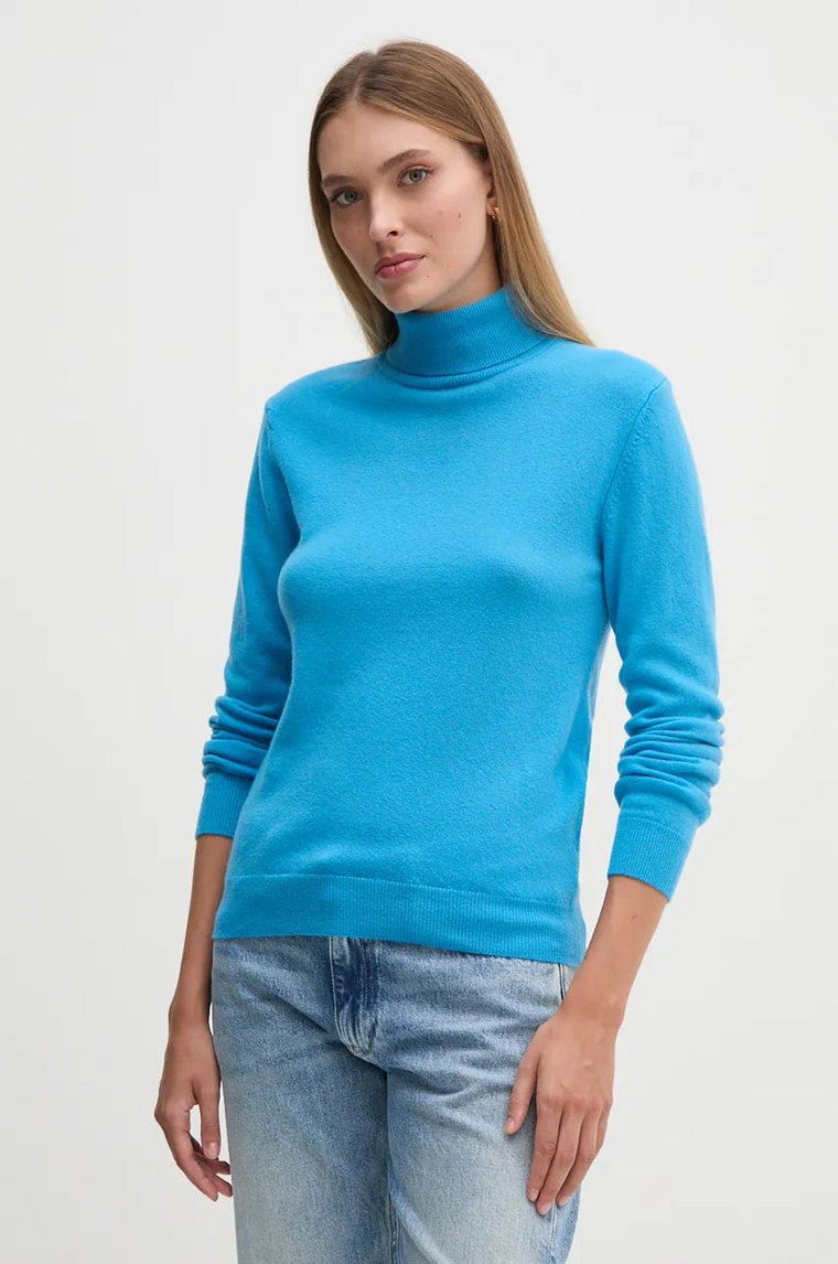 United Colors of Benetton sweter wełniany damski kolor niebieski lekki z golfem 1002D2348