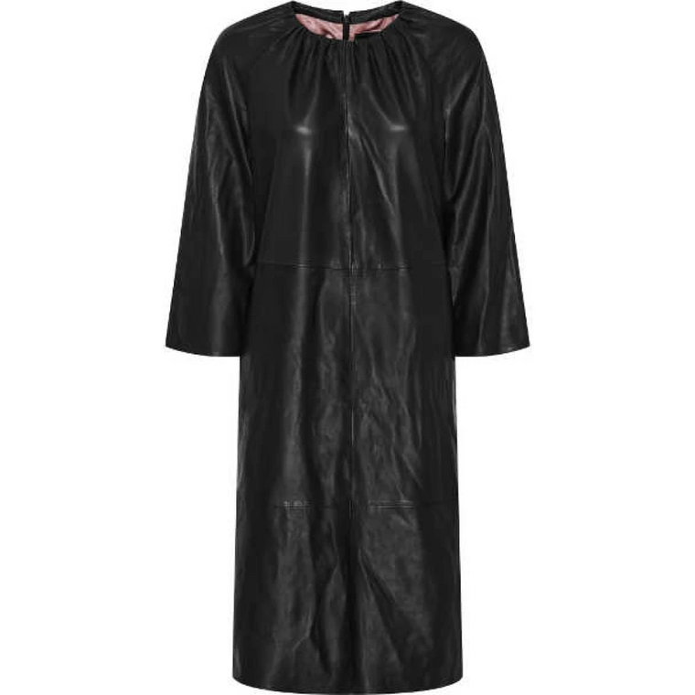 Czarna Skórzana Sukienka - Stylowy Design, Rękawy Trzy Czwarte Btfcph