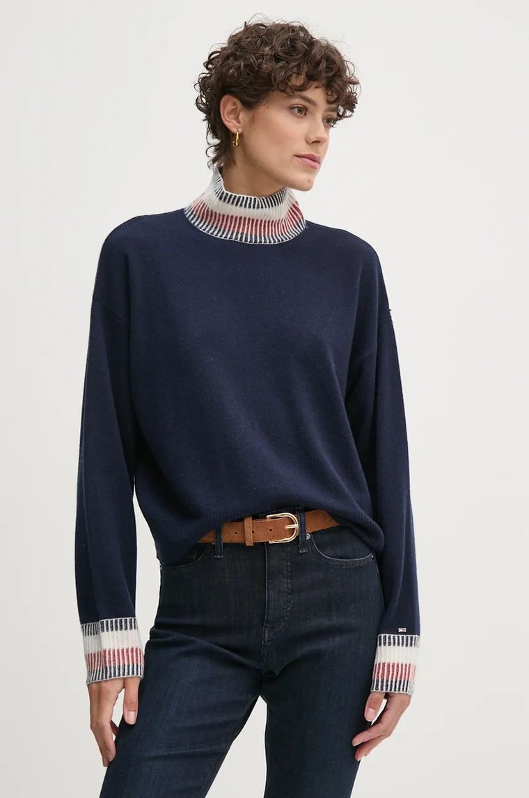 Tommy Hilfiger sweter wełniany damski kolor granatowy z półgolfem WW0WW43239