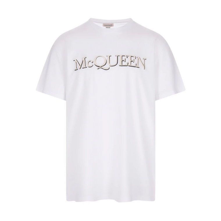 Biała bawełniana koszulka z haftowanym logo Alexander McQueen