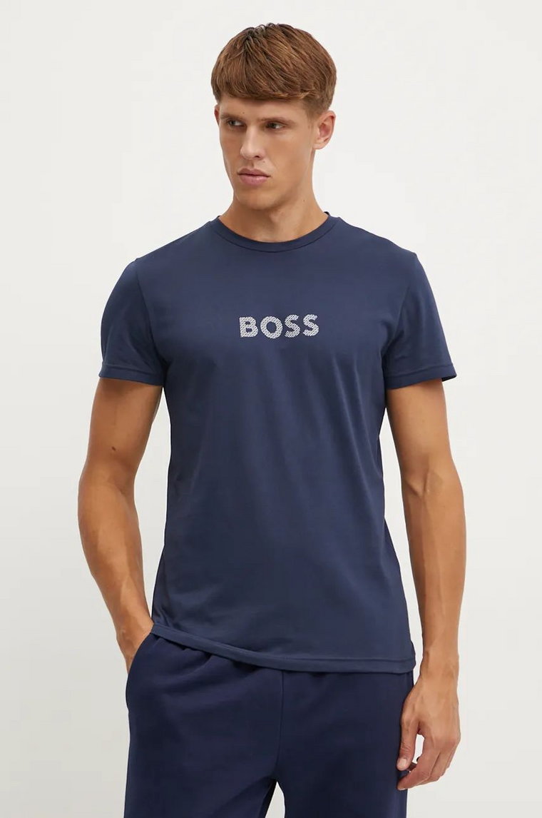 BOSS t-shirt plażowy bawełniany kolor niebieski z nadrukiem