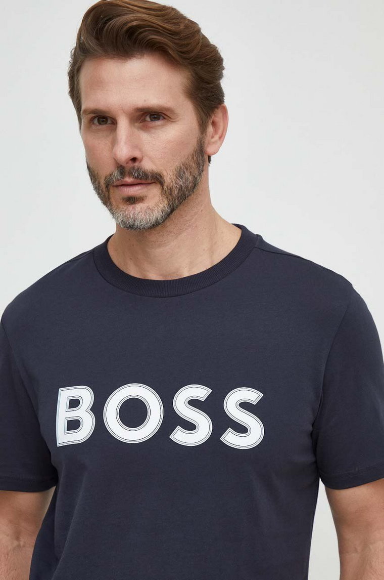 Boss Green t-shirt bawełniany męski kolor niebieski z aplikacją