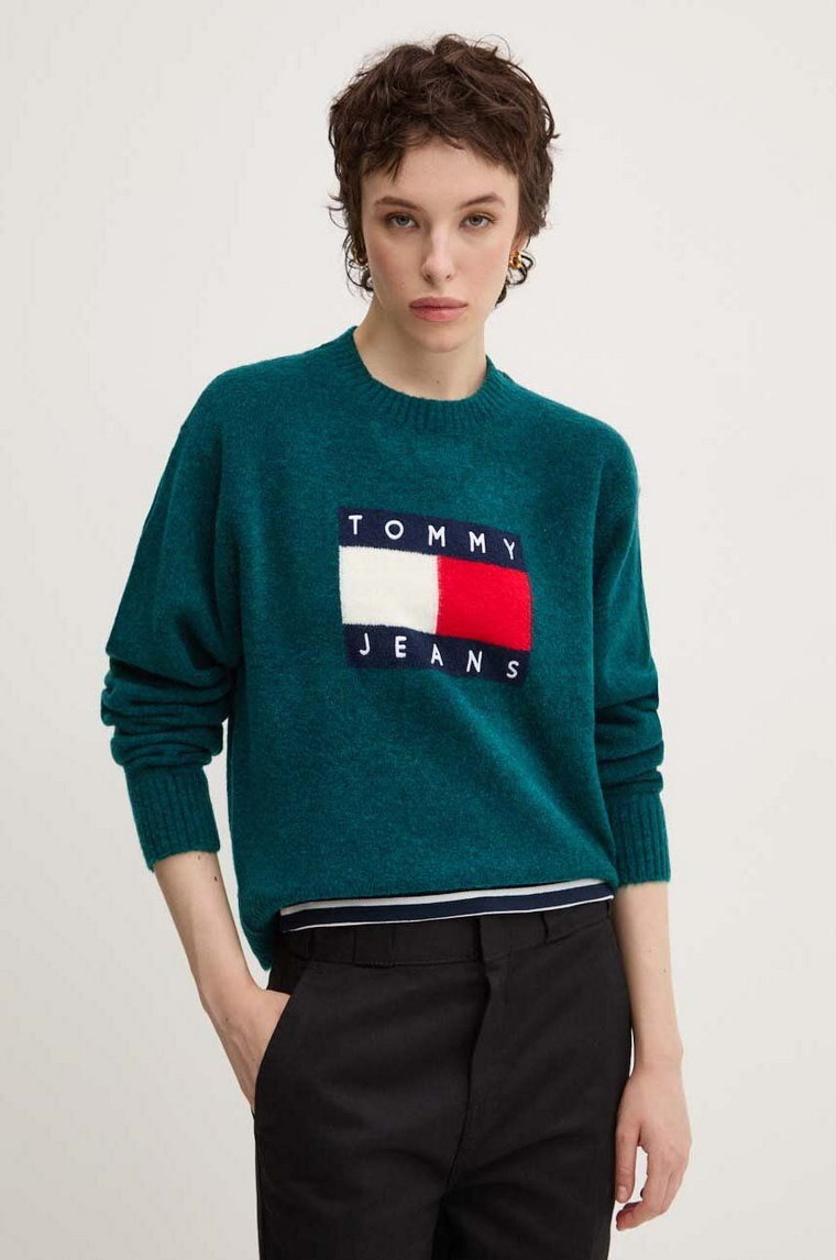 Tommy Jeans sweter z domieszką wełny damski kolor turkusowy lekki DW0DW18681