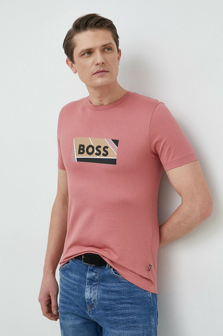 BOSS t-shirt bawełniany kolor różowy z nadrukiem