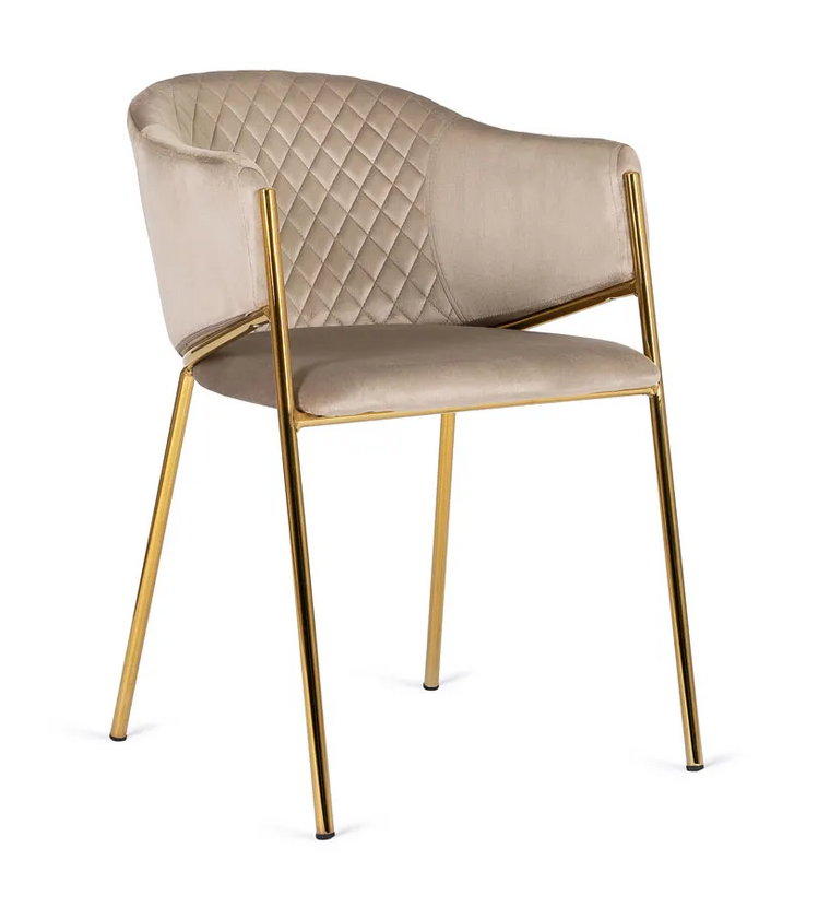 Beżowe welurowe pikowane krzesło glamour na złotych nogach - Evox