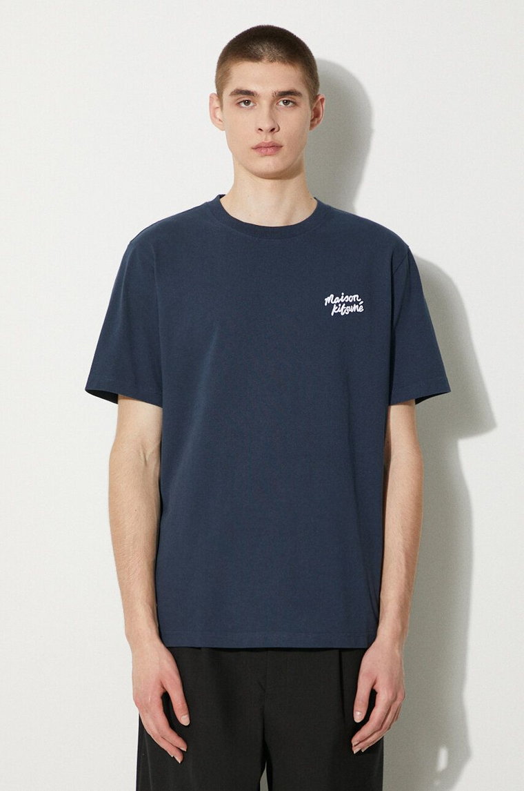 Maison Kitsuné t-shirt bawełniany Handwriting Comfort Tee Shirt męski kolor granatowy z aplikacją MM00126KJ0118