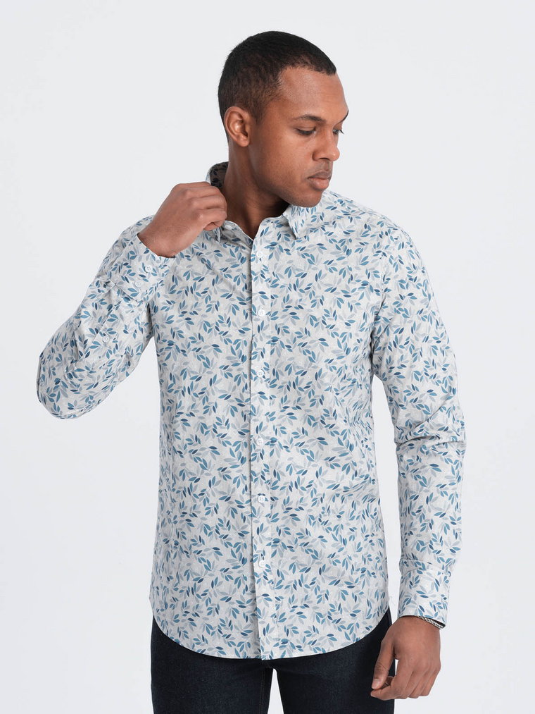 Koszula męska SLIM FIT w print gałązek - niebiesko-szara V2 OM-SHPS-0163