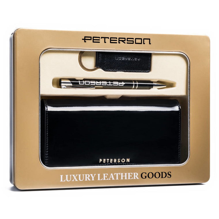 Zestaw prezentowy: duży, skórzany portfel damski, brelok i długopis  Peterson