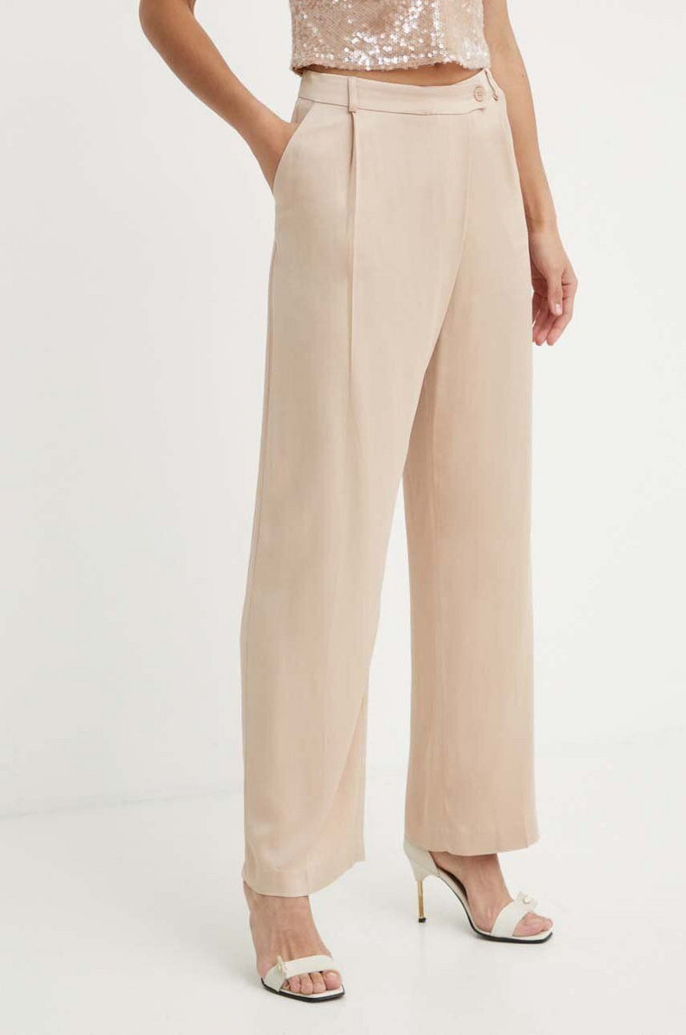 Sisley spodnie damskie kolor beżowy szerokie high waist 4Q6ZLF05V