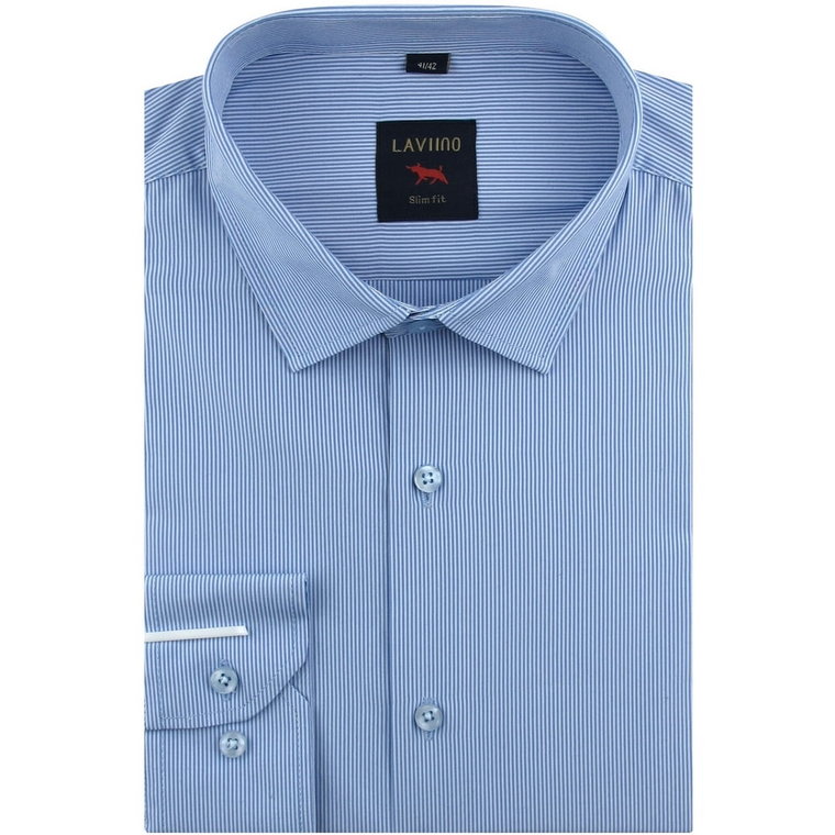 Koszula Męska Elegancka Wizytowa do garnituru błękitna w paski z długim rękawem w kroju SLIM FIT Laviino H242