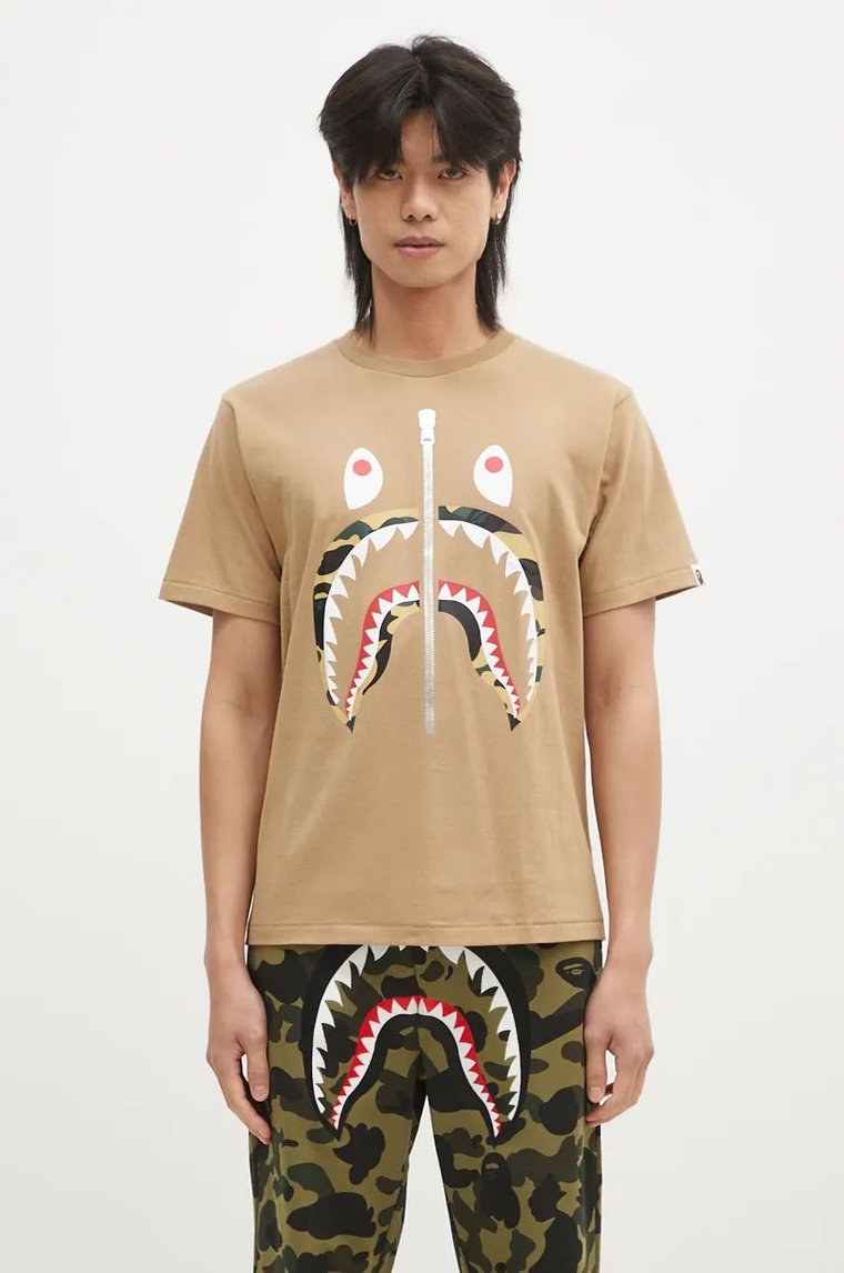 A Bathing Ape t-shirt bawełniany 1ST CAMO SHARK TEE męski kolor beżowy z nadrukiem 1K80110013