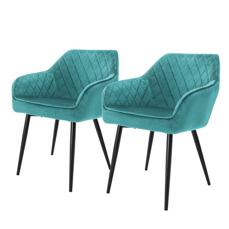 Krzesła do jadalni z oparciem i podłokietnikami Zestaw 2 turkusowych aksamitnych obić z metalowymi nogami ML Design