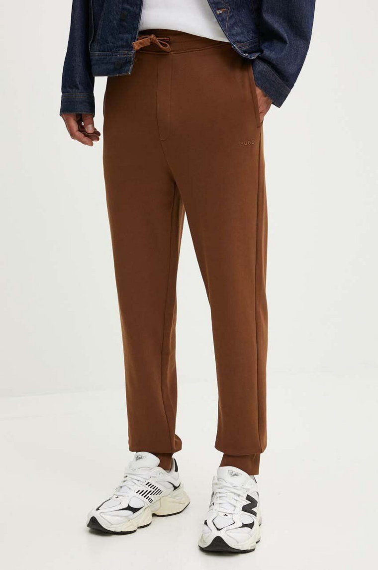 HUGO spodnie dresowe bawełniane kolor brązowy gładkie