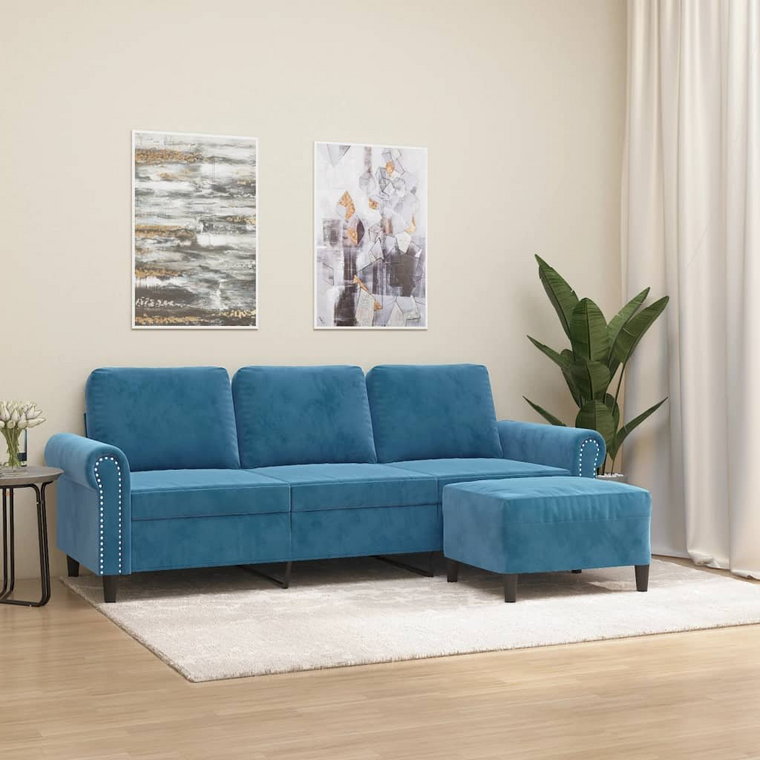 vidaXL 3-osobowa sofa z podnóżkiem, niebieska, 180 cm, aksamit
