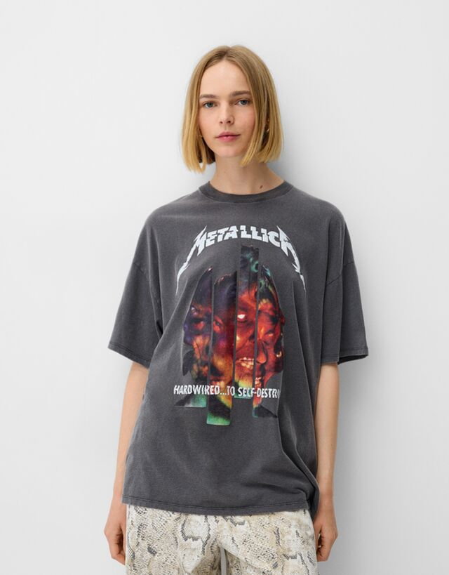 Bershka Koszulka Metallica Z Krótkim Rękawem Kobieta M Szary