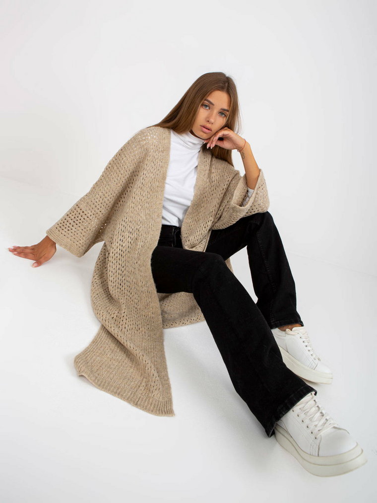 Sweter kardigan beżowy casual narzutka rękaw długi długość długa