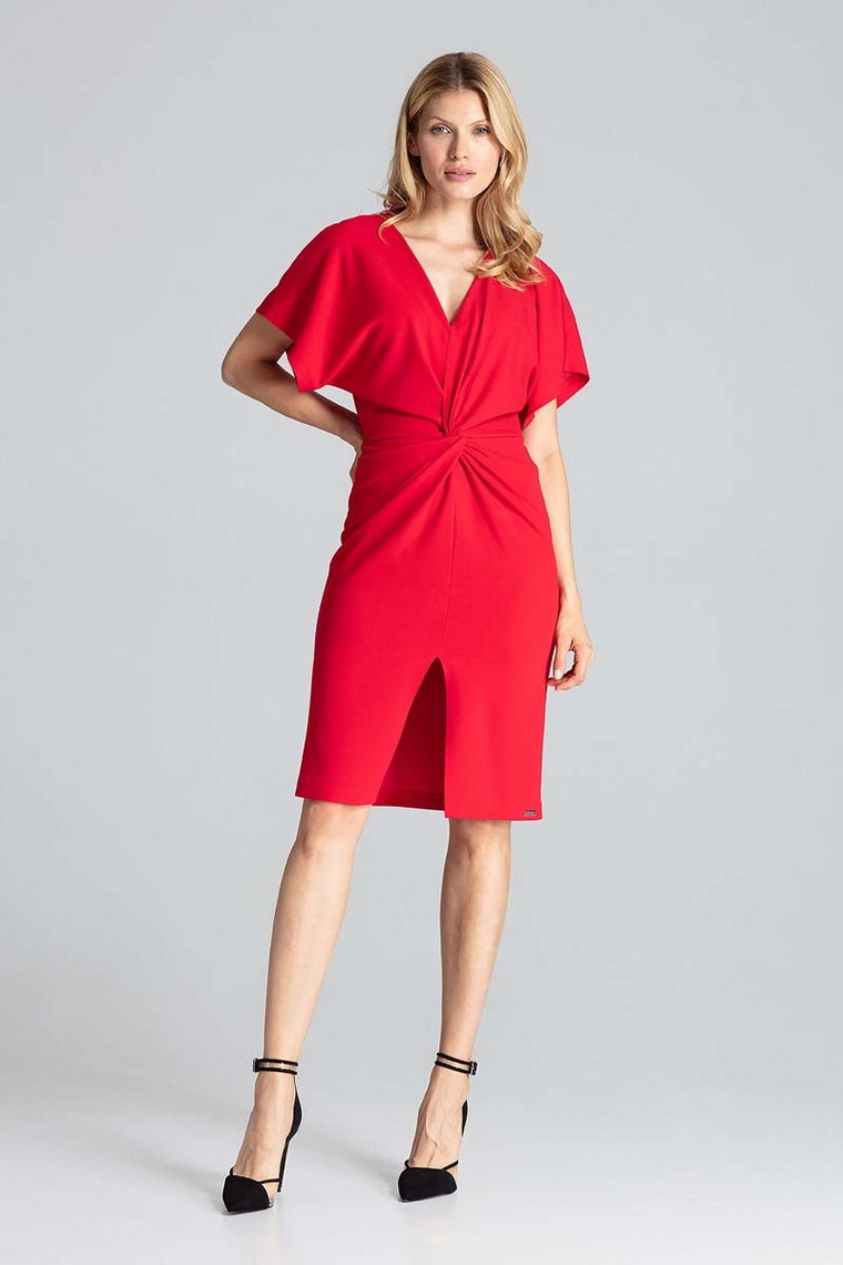 Czerwona Elegancka Sukienka Midi z Zakładanym Dekoltem