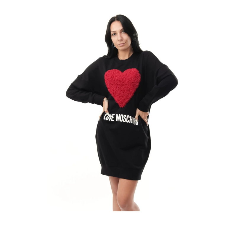 Czarna Sukienka z Bawełny z Logo Serca Love Moschino